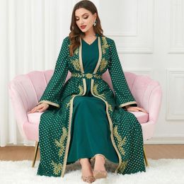 Ethnic Clothing Luxury Green Muslim Set For Women Ramadan Arabic Femme Embroidery Abaya Dress Islamic Jalabiya Turkey Moroccan Kaftan