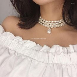 Chains Simulated Pearl Necklaces Statement Bridal Choker Multi-Layer Necklace Dropship