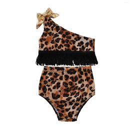 Clothing Sets Girl Two Piece Split Swimsuit Cartoon Leopard Tassel One-Shoulder Tops And Elastic Triangle Shorts Cute Swimming Wading