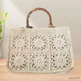 Other Bags Rope het Tote Bamboo Handle Handbags National Style Knitting Shoulder Bag Hollow Travel Beach Bags for Women 2023