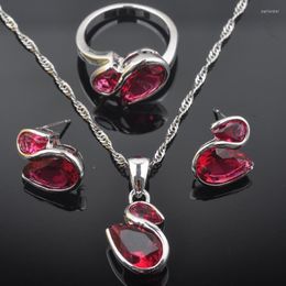 Necklace Earrings Set Cute Rose Red Zirconia Women's Birthday Gift Silver Colour Earrings/Pendant/Necklace/Rings QZ0552