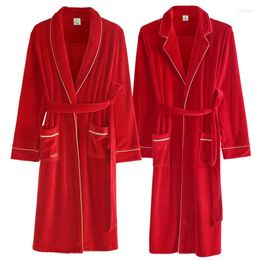 Women's Sleepwear Festive Red Wedding Nightgown Kimono Lovers Bathrobe Gown Velvet V-neck Spas Robes Solid Colour Couples Flannel