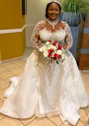 2023 Sexy Luxury A Line Wedding Dresses High Neck Lace Appliques Silver Crystal Beads Illusion Long Sleeves Bridal Gowns wedding dress Overskirts Detachable Train