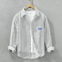 Men's Casual Shirts Retro Striped For Men Long Sleeve Tops Male White Pure Cotton Turn-down Collar Button Up Shirt Clothing