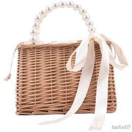 Other Bags Women Straw Purses and Handbags Summer Rattan Tote Bags Ladies Ribbons Beach Basket Bag Pearl Beads Travel Bag