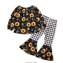 1-6y Spring Autumn Children Kid Baby Girl Clothes Set Sunflower Long Sleeve Tops Flare Pants Floral Outfits 210515