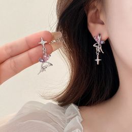 Trendy Asymmetric Zirconia Heart Dangle Earrings For Women Cool Girls Simple Cross Pendant Fine Wedding Party Jewelry Gift