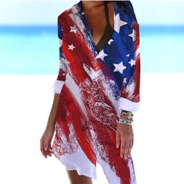 Women's Blouses Summer American Flag 3D Print Hawaii Beach Women Long Sleeve Mid-length Shirts Buttons Shirt Blouse Woman Pocket Tops