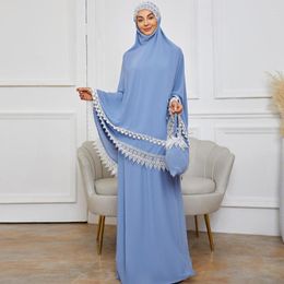 Ethnic Clothing Fashion Muslim Suit Dubai Arab Ramadan Prayer Two Piece Abaya Hijab Long Dress Lace French Italian Islamic