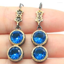 Dangle Earrings 43x11mm Neo-Gothic Pink Tourmaline Swiss Blue Topaz Green Amethyst Woman's Black Gold Silver Pendant Jewelry Set