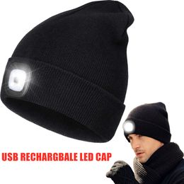 Outdoor Hats LED Light Caps Men Winter Hats Knitted Beanie Caps USB Rechargeable Warm Lamp Hats Flashlight Cap For Hiking Running Cycling 230526