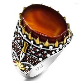 Cluster Rings Classic Punk Men's Natural Agate Ring 925 Sterling Silver Zircon Dagger Turkish Husband Jewellery Gift