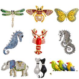 Pins Brooches Wholesale Retro Insect Dragonfly Butterfly Broach Bee Brooch Women Crystal Animal Elephant Cat Birds Sea Horse Broche Dhs7N