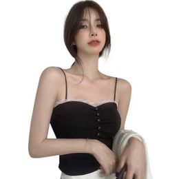 Tanks Camis Da Xin Solid Lace Summer Sexy Ultra Thin Crop Women's Shirt Exposed Navy Blue Knitted Tank Top P230526