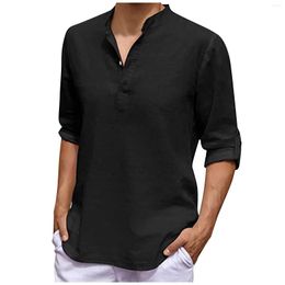 Men's Casual Shirts 2023 Men Cotton Linen T-shirts Summer V Collarless Long Sleeve Solid Sand Beachwear Office Man Tee Shirt Tops