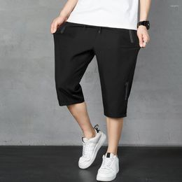 Men's Shorts Sport Pants Mid-rise Drawstring Pockets Cropped Solid Elastic Waistband Men Ice Silk Loose Fit Beach Daily Garment