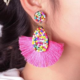 Stud Earrings Vintage Ethnic Fan-Shaped Rice Beads For Women Bohemian Colorful Temperament Statement Tassel Trendy Jewelry