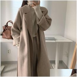 Lana femminile Miscela da donna Elegante cappotto lungo con cintura Solida manica chic chic abbare autunno inverno femmini