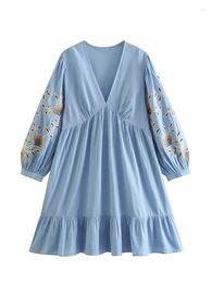 Casual Dresses Summer Women's Dress European-American V-neck Fluffy Sleeve Embroidered Linen Mini