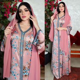 Ethnic Clothing Kaftan Moroccan Spring And Autumn Pink Diamond Middle Eastern Muslim Fashion Print Dress Islamic Jilbab Femme Musulman