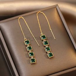 Stud Gorgeous Square Green Zircon Stones Tassel Ear Line Korean Jewellery Trendy Gold Colour Personality Earrings for Women Girl J230529