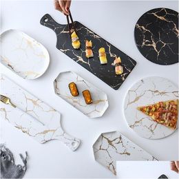 Dishes Plates Creative Marble Stripe Dish Large Rec And Round Plate Ceramic Pizza Cookware Porcelain Sushi Tableware Drop Delivery Dhfu5