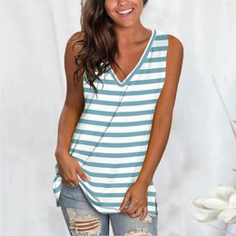 Women's Tanks Women Striped Print Tank Tops Sleeveless V-Neck Loose Female Vest 2023 Summer Beach Ladies