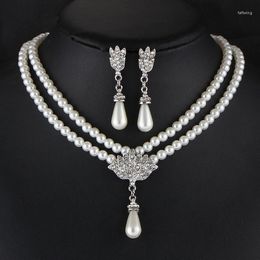 Necklace Earrings Set Imitation Pearl Wedding Vintage Fashion Crystal Bridal Jewellery For Women 2T087