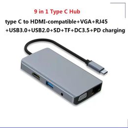 Stations 9 in 1 USB Type C Hub to HDMICompatible 4K VGA HUB Docking Station RJ45 Lan Ethernet SD TF for USB Hub Adapter