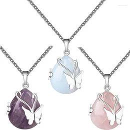 Chains Water Drop-shaped Natural Stone Butterfly Pendant Necklace For Women Men Pink Quartz Purple Crystal Neckalce Gifts