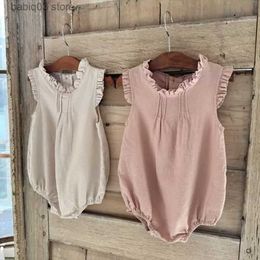 Rompers Baby Girl Pintuck Frill Bodysuit New Summer Newborn Toddler Outfit Clothes Infant Cotton Linen Sleeveless Tops Bloomers T230529