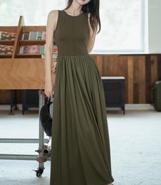 Casual Dresses Elegant Sporty Military Green Long TankDress Woman Spring Summer O Neck Floor-length For Women With Pockets