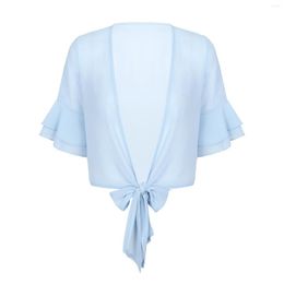 Women's T Shirts Womens Lace-up Chiffon Tops 3/4 Long Sleeveless Shawl Wraps Casual Loose See-Through Cape Shrug Solid Cover Ups Summer For