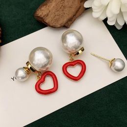 Stud Earrings Korean Fashion Hollow Red Enamel White Lover Pearl Set Cute Christmas Gift Beautiful Girl