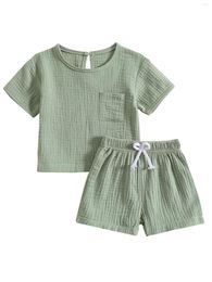 Clothing Sets Baby Boys Girls Summer Outfits Short Sleeve Pocket T-Shirt Tie Front Shorts Set Toddler Clothes