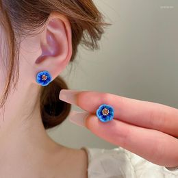 Stud Earrings Minar Fashion Blue Enamel Rhinestone Flower For Women Gold Colour Plating Floral Small Earring Party Jewellery