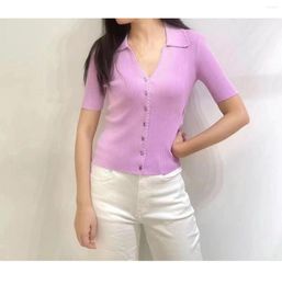 Women's Knits Purple Colour Polo Neck Women Pullovers Summer Short Sleeves Slim Fit Lady Crop Sweater Cardigans