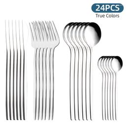 Dinnerware Sets 24pcs Silver Stainless Steel Set Steak Knife Fork Coffee Spoon Teaspoon Flatware Dishwasher Safe Kitchen Tableware