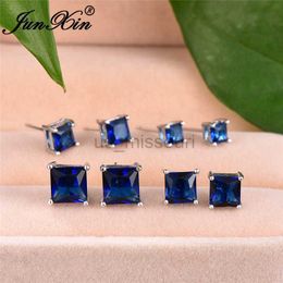 Stud Simple Stacking 4567MM Square Stone Earrings Royal Blue Zircon Crystal Stud Earrings For Women Wedding Men Ear Studs J230529