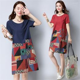 Casual Dresses Women Vintage Folk-custom Dress Print Stitching Summer Short Sleeve Loose Midi A-line Skirt