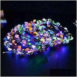 Decorative Flowers Wreaths Flashing Led Strings Glow Flower Crown Headbands Light Party Rave Floral Hair Garland Luminous Wreath W Dhz0R