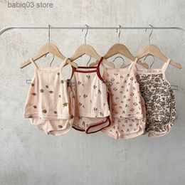 Rompers 2pcs Summer Baby Clothes Sets Comfortable Fabric Suspender Shorts Pajama Set Newborn Floral Cotton Vest Shorts Home Wear Outfits T230529