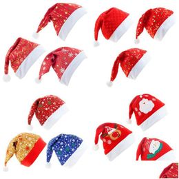 Party Hats Red Santa Hat Short Plush Print Christmas Gold Veet Snowflake Star Kids Adt Blue Drop Delivery Home Garden Festive Supplie Dhvax