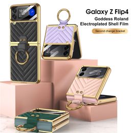 Luxury V Grain Plating Vogue Phone Case for Samsung Galaxy Folding Z Flip4 5G Finger Ring Holder Full Protective Soft Bumper Solid Leather Bracket Membrane Fold Shell