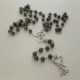 Chains Gothic Rosary With Hematite Grains Stainless Steel Lucyfer Pendant Metal Pentacle Charm Pagan Witch Jewelry Gift