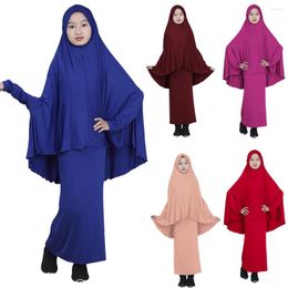 Ethnic Clothing 2 Piece Set Kids Girls Prayer Garment Muslim Child Dress Overhead Jilbab Khimar Skirts Islamic Full Cover Hijab Abaya Arab