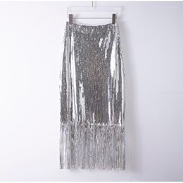 Skirts High Quality Full Sequins Tassles Silver Long Skirt Slim Fringed Women Wedding Party Clothing 2023