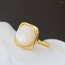 Cluster Rings Natural Mother Of Pearl Shell 18K Gold Plated Ring Classic Geometric Square Design 925 Sterling Silver Opening Adjustable
