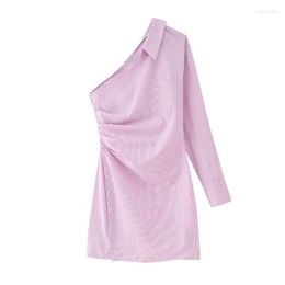 Casual Dresses Woman Chic Pink Inclined Shoulder Shirt Dress 2023 Spring Female Fashion Striped Mini Ladies Asymmetrical Short