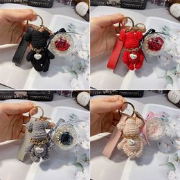 Key Rings Creative and Cute Handmade Knitted Glowing Bear for Women Luxury Natural Flower Keychain Hanging Rope Bag Charming Couple Gift G230526